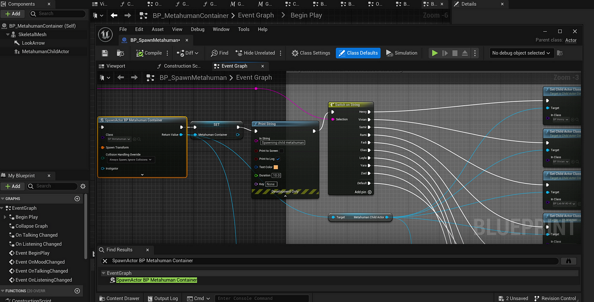 Unreal Blueprint metahuman switching